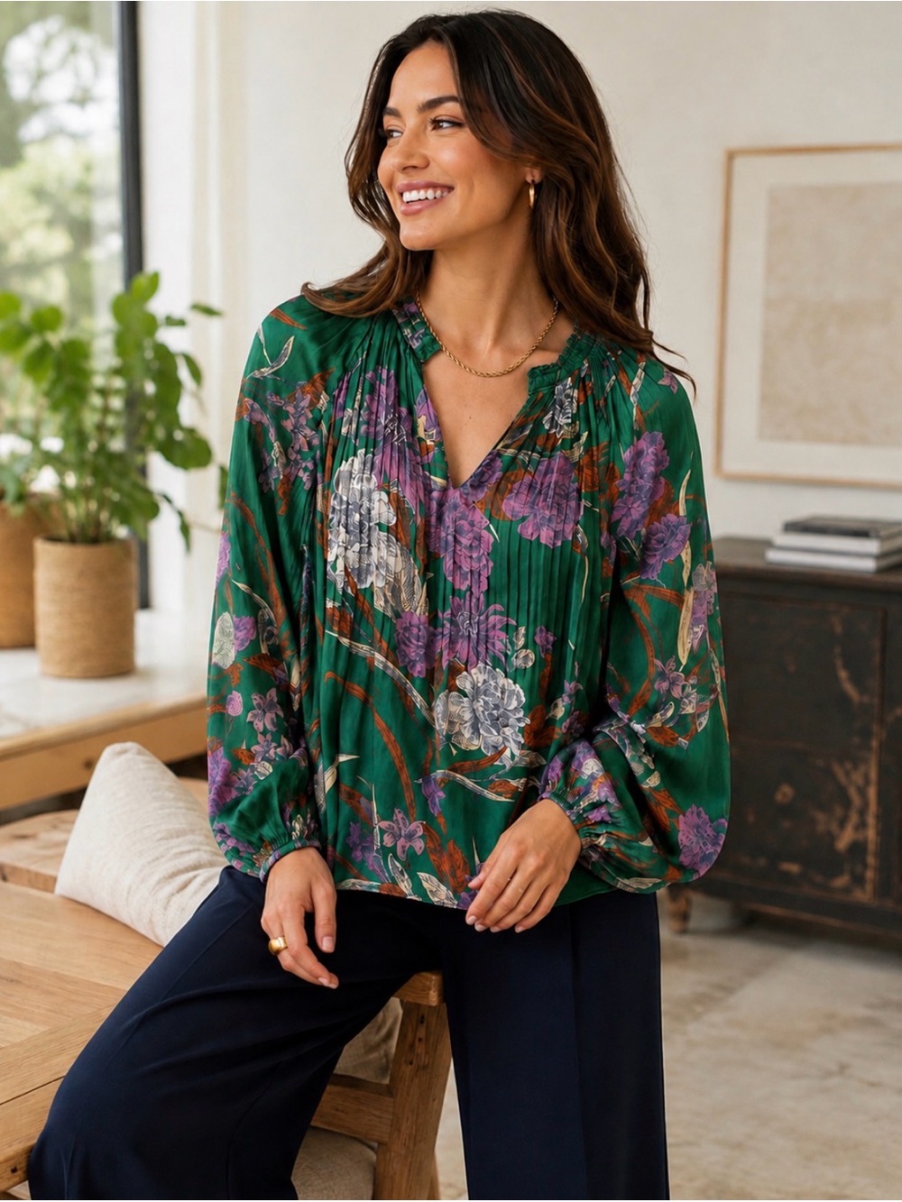 Anthropologie Current Air Green Floral Pleated V-Neck Long-Sleeve Blouse Size L